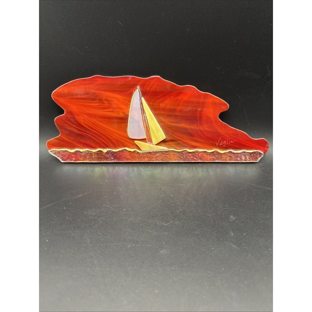 Handmade Glass Wall Art with Sailboat Nautical 4" x 11" Signed Artwork